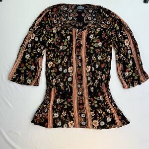 Y2K vintage boho gypsy fairy Floral Black Blouse  bell sleeves and tassle tie